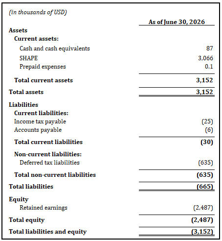 Balance sheet as of June 30, 2026